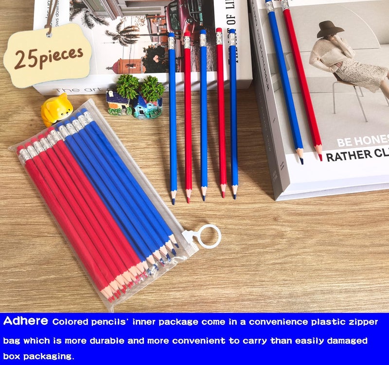 Adhere 25pcs Checking Pencils Erasable colored Pencils Pre-Sharpened #2 HB,for Checking Tests Grading,Map Coloring, editing Office Favors,including a Free sharpener. (Red 13pcs + Blue 12pcs) - Image 4